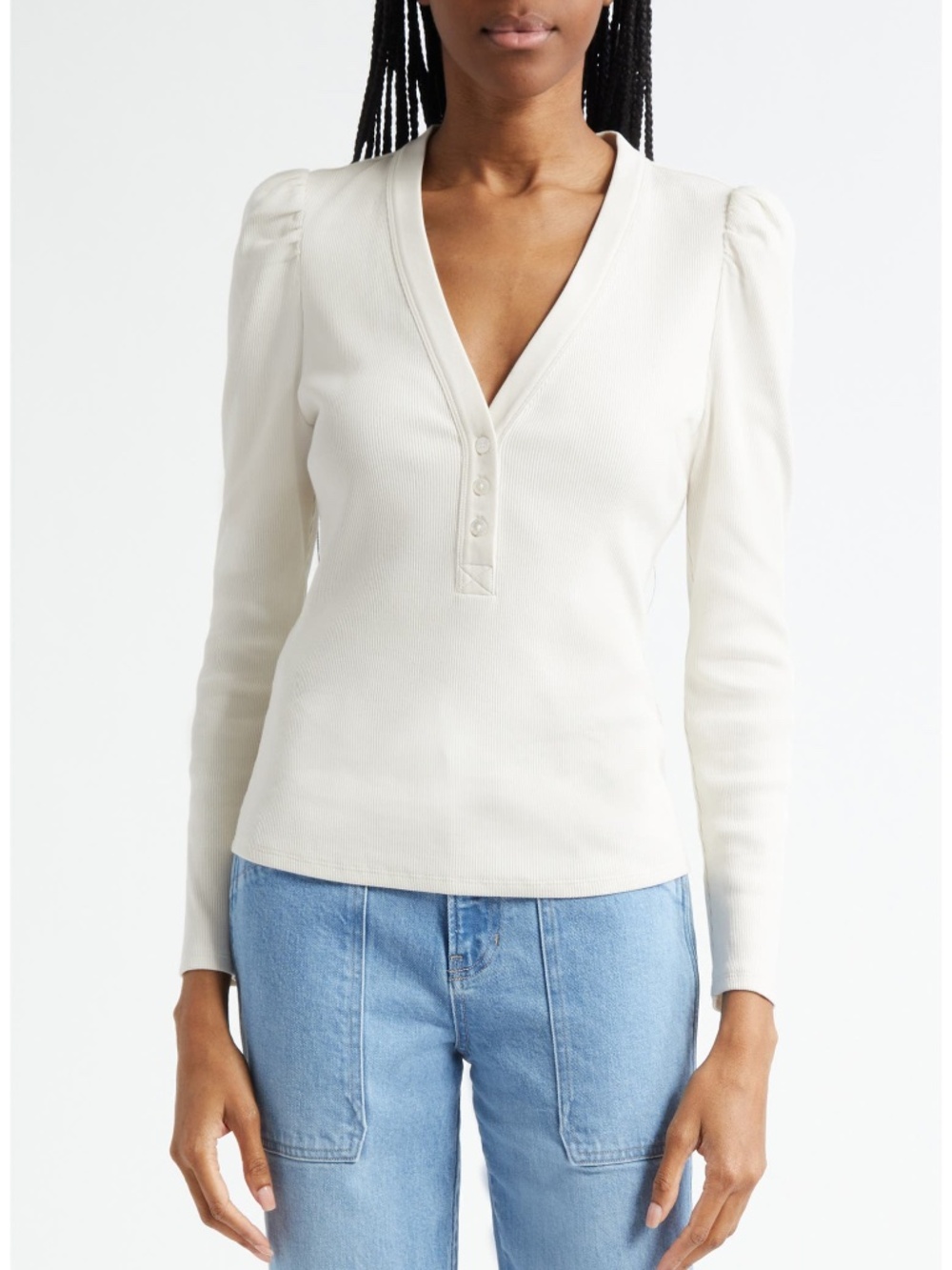 Veronica Beard Dekalb Pima Cotton Long Sleeve Henley Top Large Ecru NWT